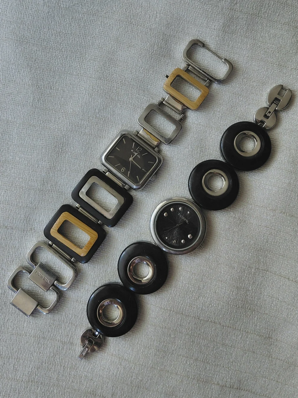 Vintage Fossil F2 Watch Lot Y2K Wood Resin Geometric Retro Mod Cuff Statement